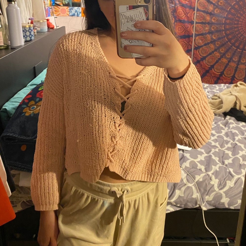 Woven Heart Lace-Up Front Pink Chenille Sweater - Picture 5 of 11